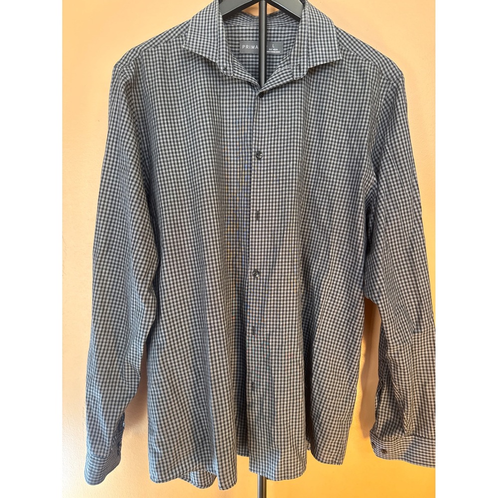 Primark Mens Gingham Check Button Down Shirt Black Grey Long Sleeve Size L 16.5